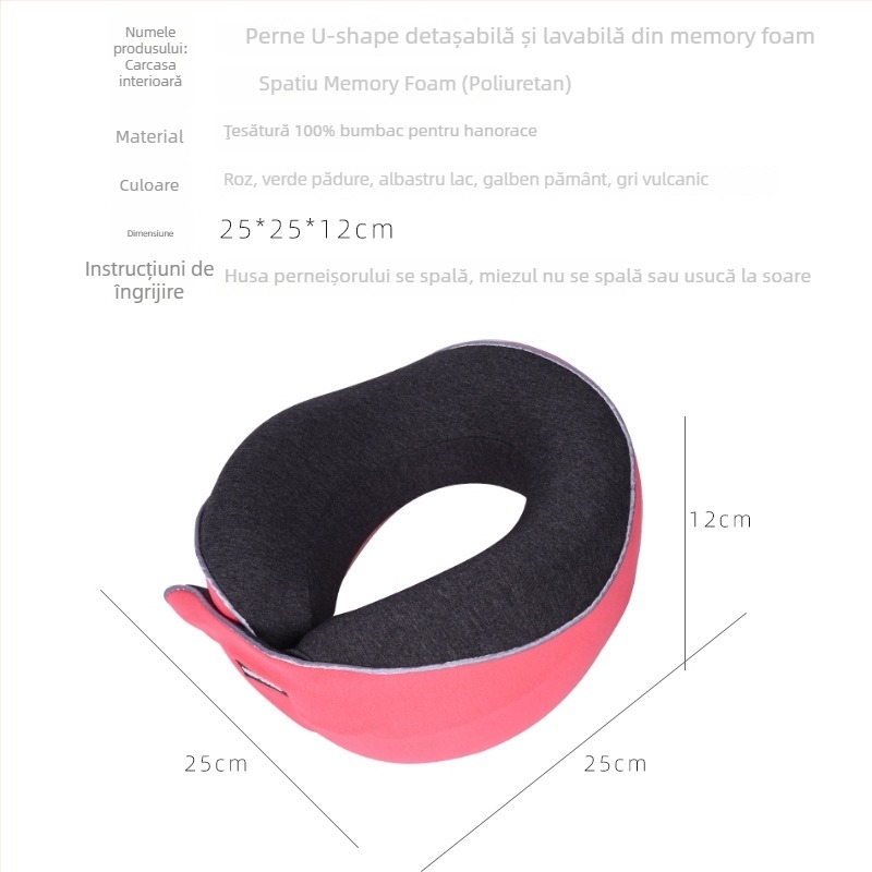 Pernă de călătorie în formă U, spumă cu memorie cu revenire lentă, sprijin pentru gât, husă din bumbac natural, ușoară