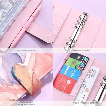 Notebook cu foi detașabile – design marmură cu nuanțe macarons; Brand: Tengtai; Model: TT-W; Foi interioare: hârtie forestieră; Personalizabil; 6 găuri