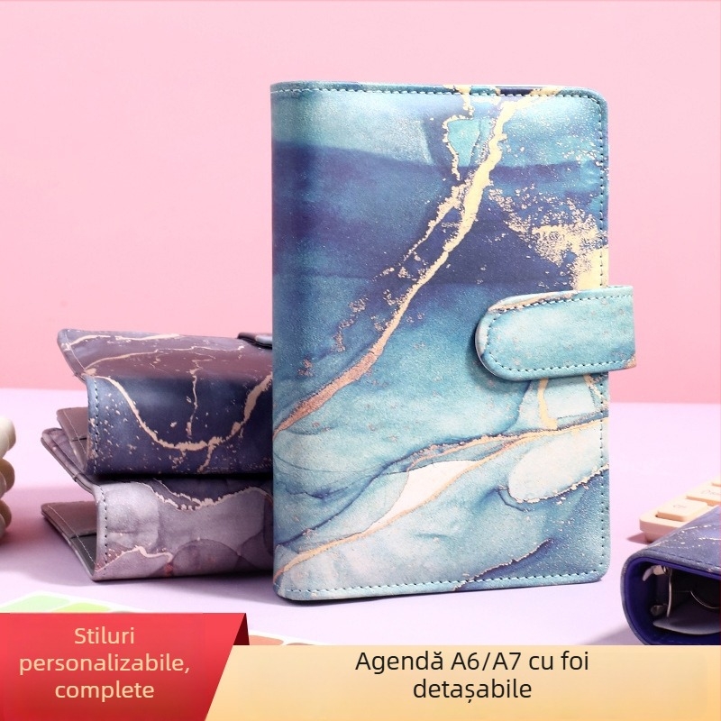 Notebook cu foi detașabile – design marmură cu nuanțe macarons; Brand: Tengtai; Model: TT-W; Foi interioare: hârtie forestieră; Personalizabil; 6 găuri