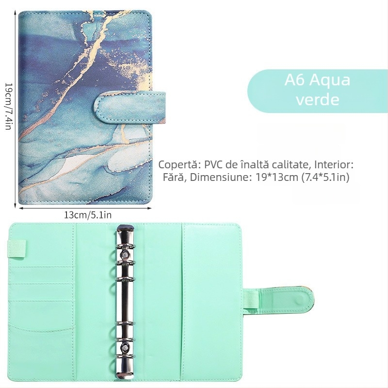 Notebook cu foi detașabile – design marmură cu nuanțe macarons; Brand: Tengtai; Model: TT-W; Foi interioare: hârtie forestieră; Personalizabil; 6 găuri