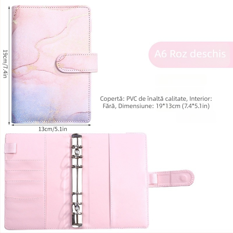 Notebook cu foi detașabile – design marmură cu nuanțe macarons; Brand: Tengtai; Model: TT-W; Foi interioare: hârtie forestieră; Personalizabil; 6 găuri