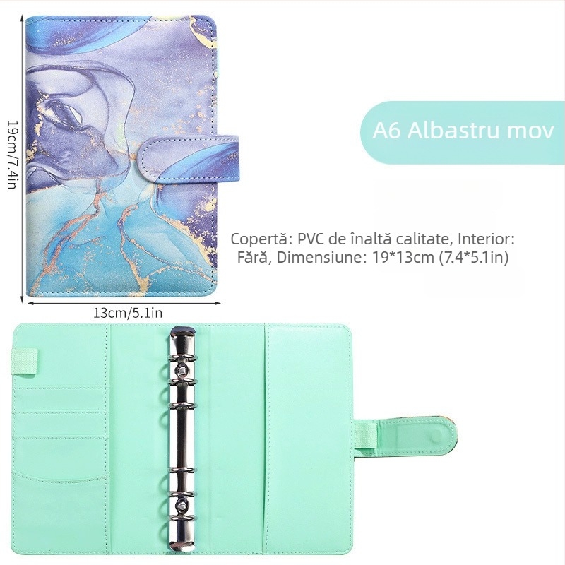 Notebook cu foi detașabile – design marmură cu nuanțe macarons; Brand: Tengtai; Model: TT-W; Foi interioare: hârtie forestieră; Personalizabil; 6 găuri