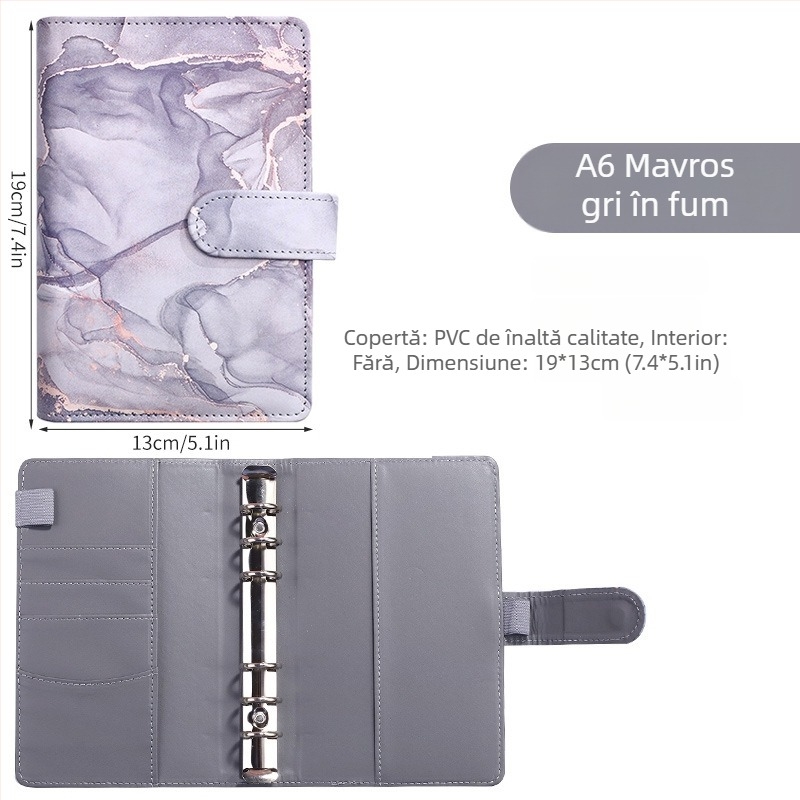 Notebook cu foi detașabile – design marmură cu nuanțe macarons; Brand: Tengtai; Model: TT-W; Foi interioare: hârtie forestieră; Personalizabil; 6 găuri