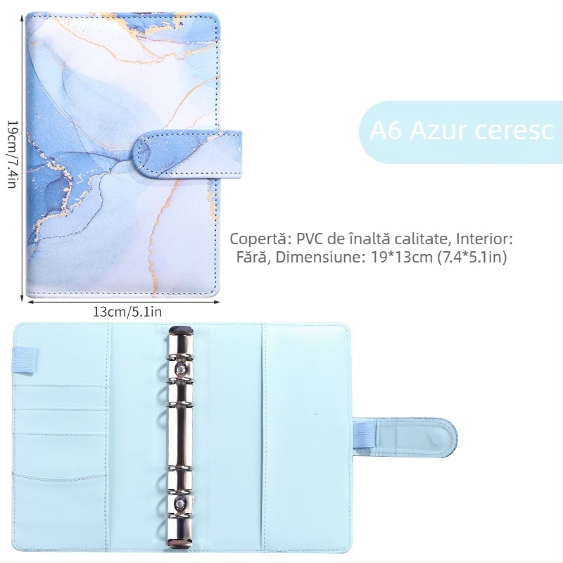 Notebook cu foi detașabile – design marmură cu nuanțe macarons; Brand: Tengtai; Model: TT-W; Foi interioare: hârtie forestieră; Personalizabil; 6 găuri