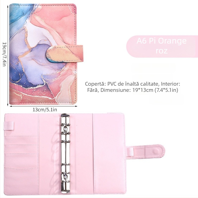 Notebook cu foi detașabile – design marmură cu nuanțe macarons; Brand: Tengtai; Model: TT-W; Foi interioare: hârtie forestieră; Personalizabil; 6 găuri