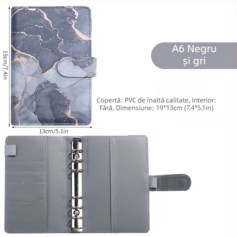 Notebook cu foi detașabile – design marmură cu nuanțe macarons; Brand: Tengtai; Model: TT-W; Foi interioare: hârtie forestieră; Personalizabil; 6 găuri