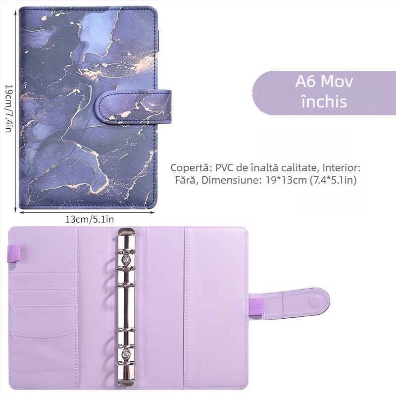 Notebook cu foi detașabile – design marmură cu nuanțe macarons; Brand: Tengtai; Model: TT-W; Foi interioare: hârtie forestieră; Personalizabil; 6 găuri