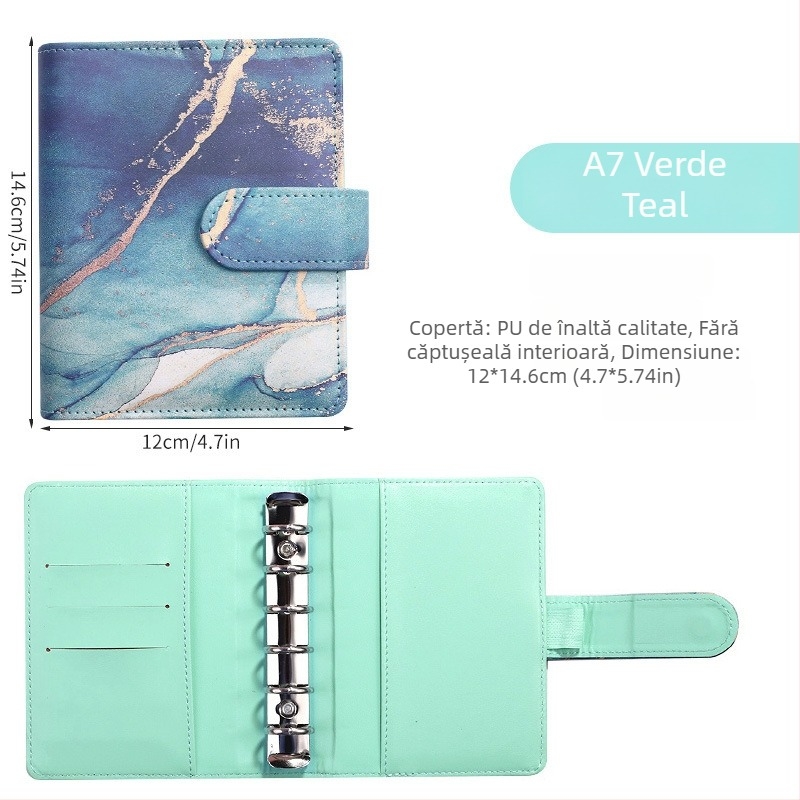 Notebook cu foi detașabile – design marmură cu nuanțe macarons; Brand: Tengtai; Model: TT-W; Foi interioare: hârtie forestieră; Personalizabil; 6 găuri