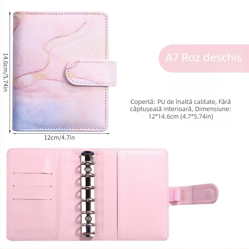 Notebook cu foi detașabile – design marmură cu nuanțe macarons; Brand: Tengtai; Model: TT-W; Foi interioare: hârtie forestieră; Personalizabil; 6 găuri