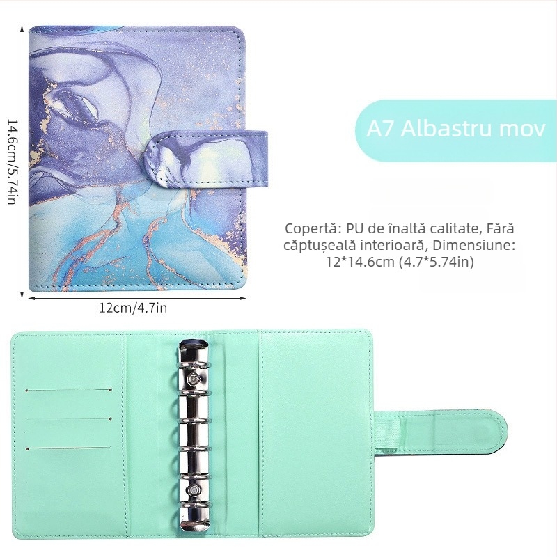 Notebook cu foi detașabile – design marmură cu nuanțe macarons; Brand: Tengtai; Model: TT-W; Foi interioare: hârtie forestieră; Personalizabil; 6 găuri