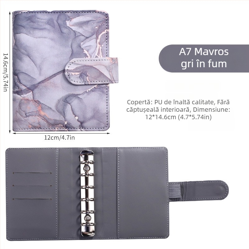 Notebook cu foi detașabile – design marmură cu nuanțe macarons; Brand: Tengtai; Model: TT-W; Foi interioare: hârtie forestieră; Personalizabil; 6 găuri