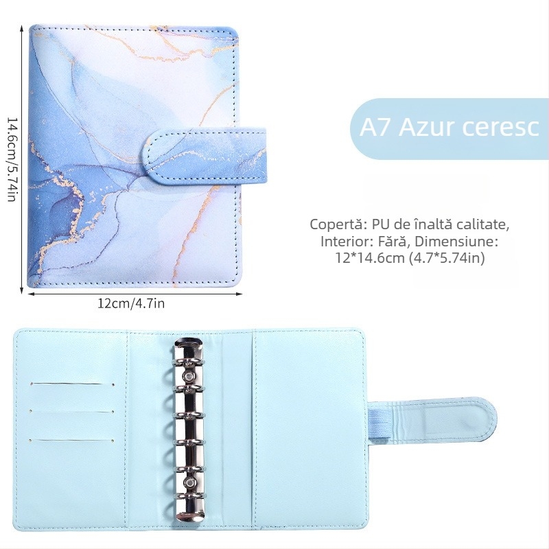 Notebook cu foi detașabile – design marmură cu nuanțe macarons; Brand: Tengtai; Model: TT-W; Foi interioare: hârtie forestieră; Personalizabil; 6 găuri