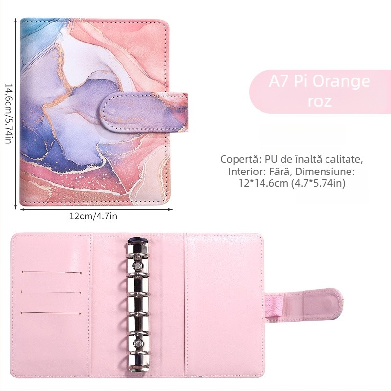 Notebook cu foi detașabile – design marmură cu nuanțe macarons; Brand: Tengtai; Model: TT-W; Foi interioare: hârtie forestieră; Personalizabil; 6 găuri