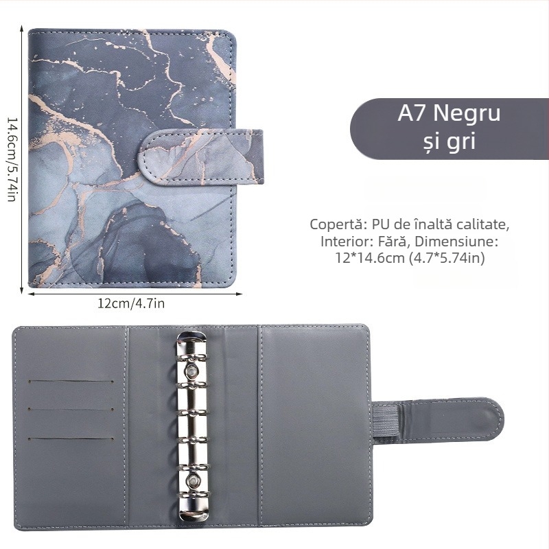 Notebook cu foi detașabile – design marmură cu nuanțe macarons; Brand: Tengtai; Model: TT-W; Foi interioare: hârtie forestieră; Personalizabil; 6 găuri