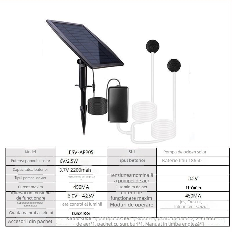 Aerator solar portabil pentru iaz cu stocare – 2,5 W Putere solară, pompă de oxigen impermeabilă pentru iazuri cu pești mici