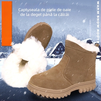 Ghete de zăpadă din nubuk, căptușeală din lână de miel, talpă din cauciuc antiderapant, fermoar lateral