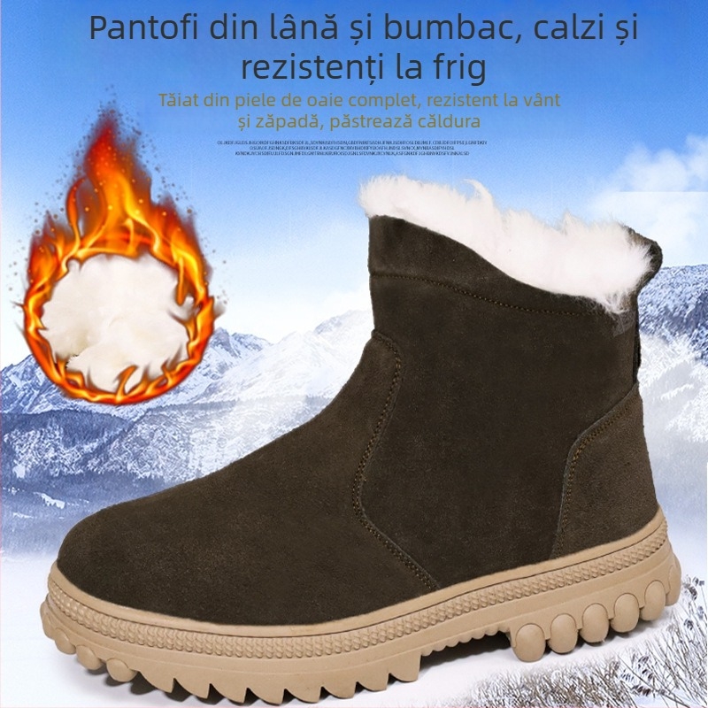 Ghete de zăpadă din nubuk, căptușeală din lână de miel, talpă din cauciuc antiderapant, fermoar lateral