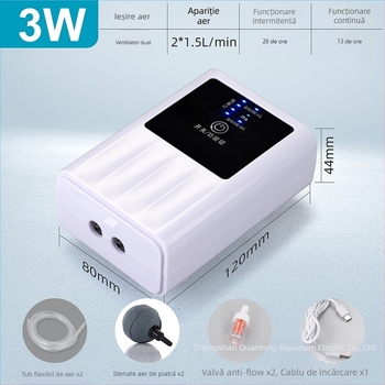 Pompa de oxigen pentru acvariu - baterie Li-ion reîncărcabilă, USB portabil, dual-use pentru pescuit în aer liber, pompă de oxigen compactă și silențioasă