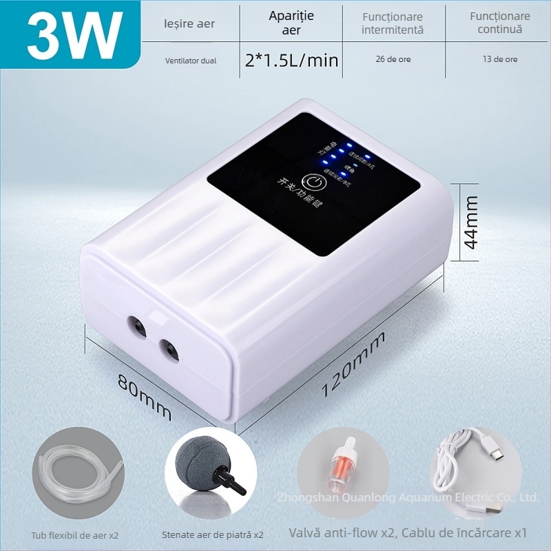 Pompa de oxigen pentru acvariu - baterie Li-ion reîncărcabilă, USB portabil, dual-use pentru pescuit în aer liber, pompă de oxigen compactă și silențioasă