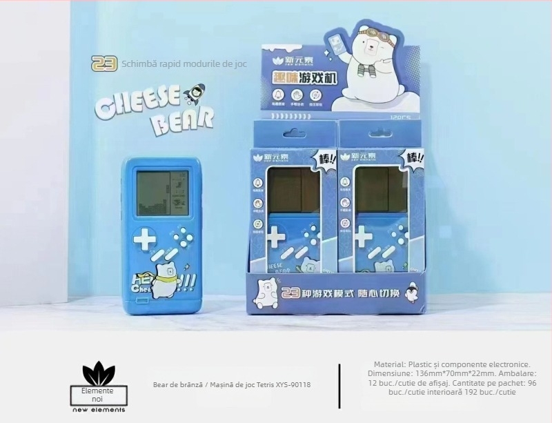 Consolă portabilă de jocuri, design drăguț de desene animate, Tetris clasic încorporat, stil nostalgic, alimentată cu baterie tip buton