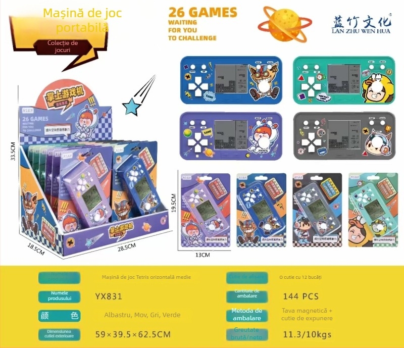 Consolă portabilă de jocuri, design drăguț de desene animate, Tetris clasic încorporat, stil nostalgic, alimentată cu baterie tip buton