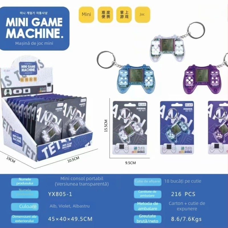 Consolă portabilă de jocuri, design drăguț de desene animate, Tetris clasic încorporat, stil nostalgic, alimentată cu baterie tip buton