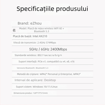 Cardă de rețea wireless PCIe WiFi 6 tri-band 2,4/5/6 GHz Bluetooth 5.3 AX210 5374 Mbps