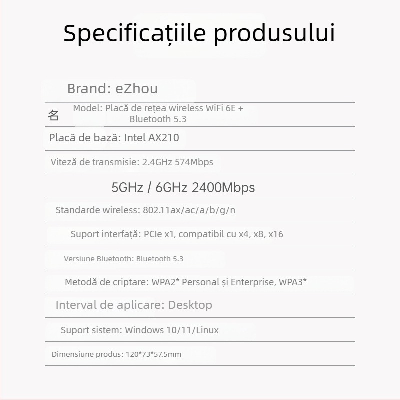 Cardă de rețea wireless PCIe WiFi 6 tri-band 2,4/5/6 GHz Bluetooth 5.3 AX210 5374 Mbps