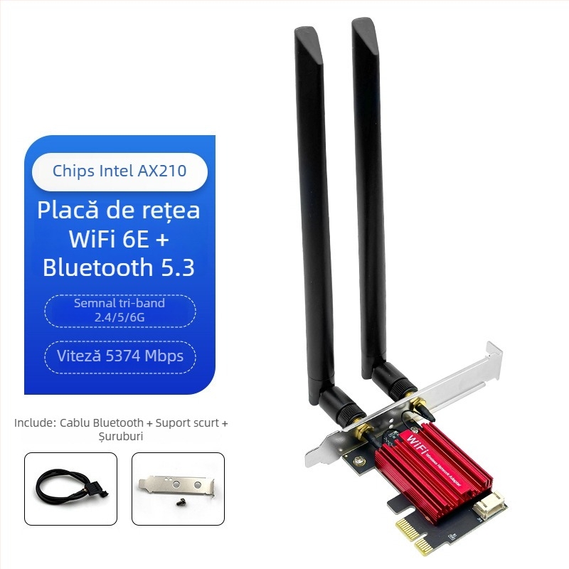 Cardă de rețea wireless PCIe WiFi 6 tri-band 2,4/5/6 GHz Bluetooth 5.3 AX210 5374 Mbps