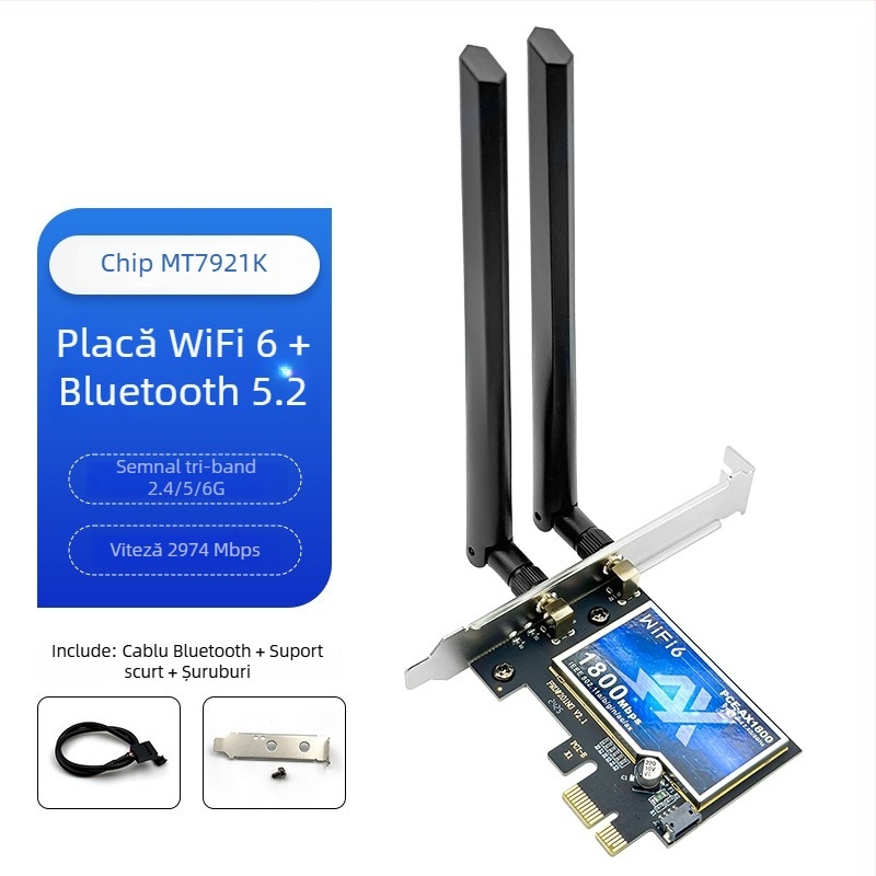 Cardă de rețea wireless PCIe WiFi 6 tri-band 2,4/5/6 GHz Bluetooth 5.3 AX210 5374 Mbps