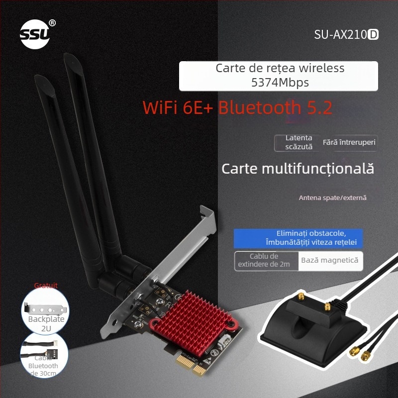 Cardă PCIe pentru desktop AX210S, WiFi 6, 5374 Mbps, Bluetooth 5.2