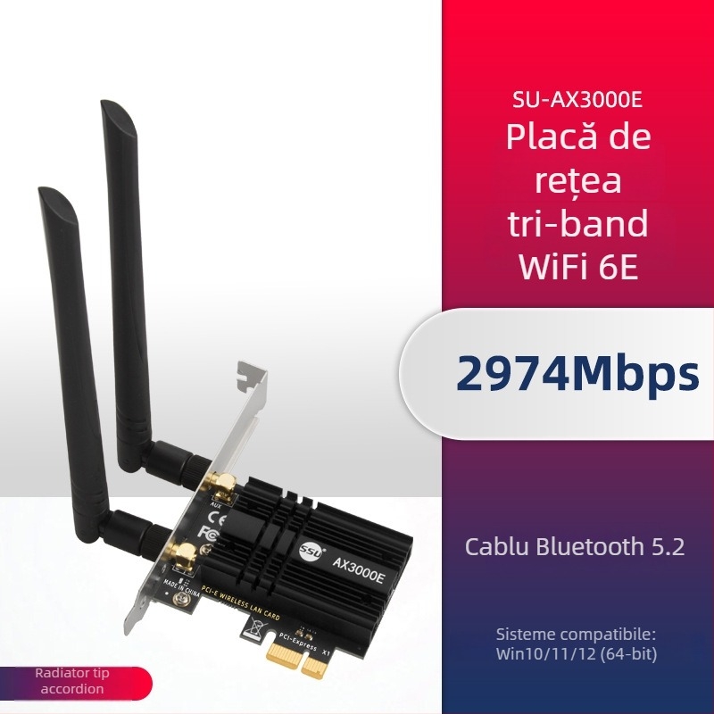 Cardă PCIe pentru desktop AX210S, WiFi 6, 5374 Mbps, Bluetooth 5.2