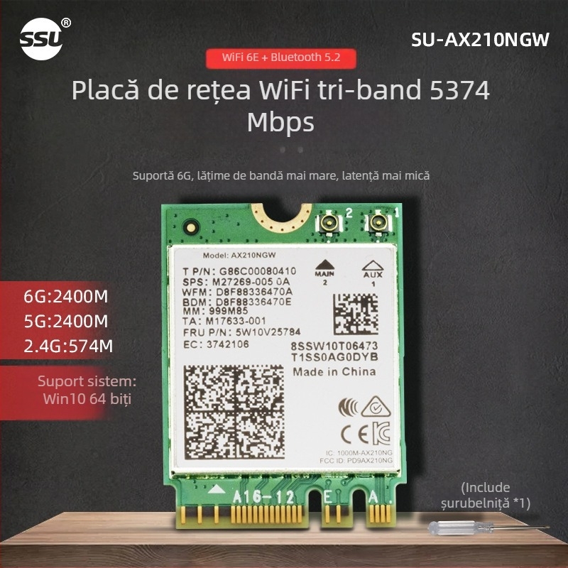 Cardă PCIe pentru desktop AX210S, WiFi 6, 5374 Mbps, Bluetooth 5.2