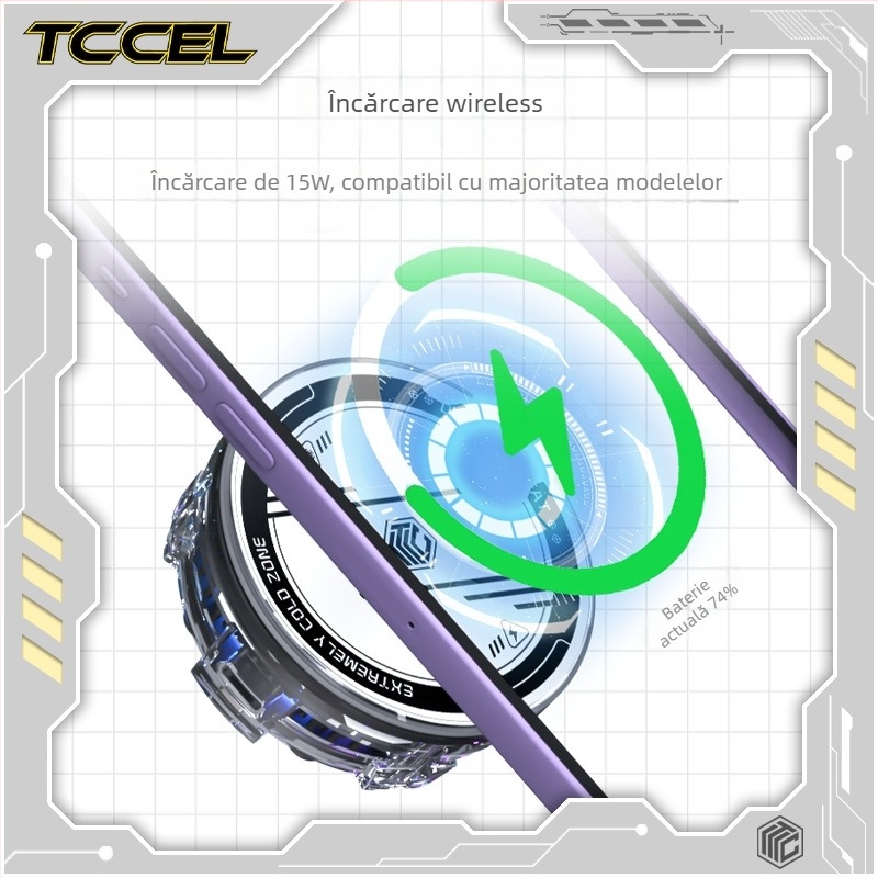 Răcitor magnetic wireless pentru telefonul mobil cu răcire semiconductoră — Interfață Type-C; construcție din aliaj de aluminiu + silicon termic; greutate 94 g