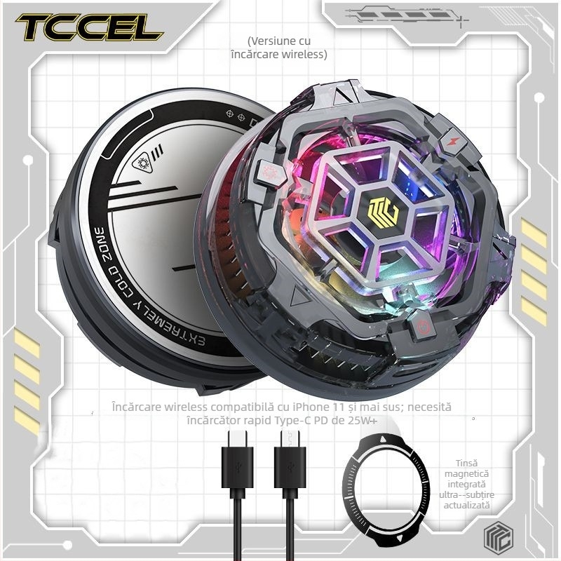 Răcitor magnetic wireless pentru telefonul mobil cu răcire semiconductoră — Interfață Type-C; construcție din aliaj de aluminiu + silicon termic; greutate 94 g