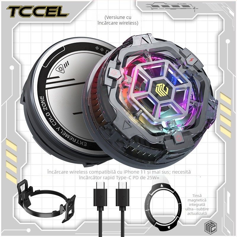 Răcitor magnetic wireless pentru telefonul mobil cu răcire semiconductoră — Interfață Type-C; construcție din aliaj de aluminiu + silicon termic; greutate 94 g