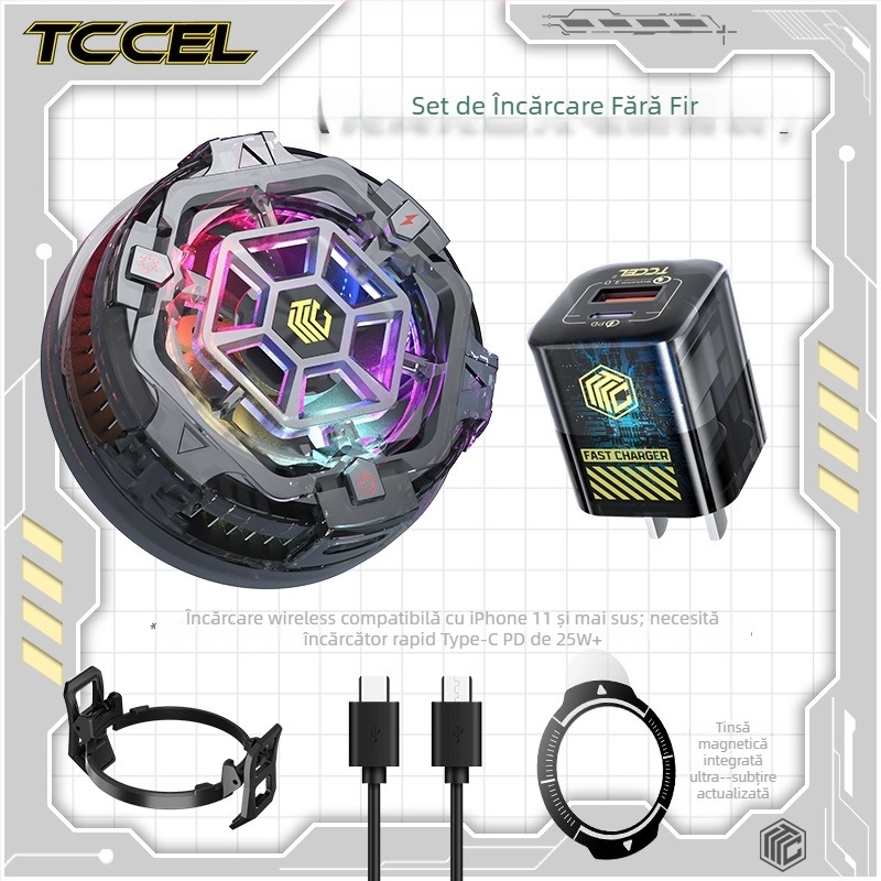 Răcitor magnetic wireless pentru telefonul mobil cu răcire semiconductoră — Interfață Type-C; construcție din aliaj de aluminiu + silicon termic; greutate 94 g