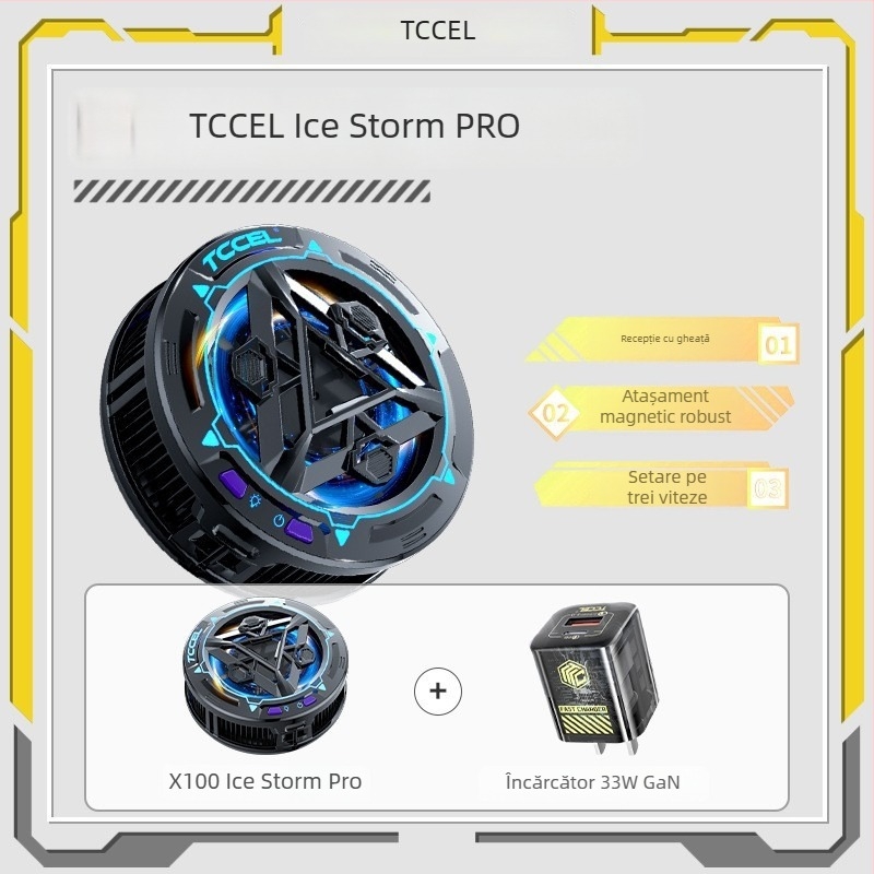Răcitor magnetic wireless pentru telefonul mobil cu răcire semiconductoră — Interfață Type-C; construcție din aliaj de aluminiu + silicon termic; greutate 94 g