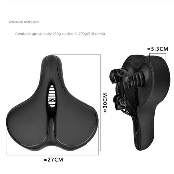 Șa de bicicletă Le Wei, mărită, îngroșată și moale, design universal; materiale: piele PU, spumă cu memorie, bază PA12, arc din oțel de carbon pentru absorbție șocuri; greutate: 790 g fără clip