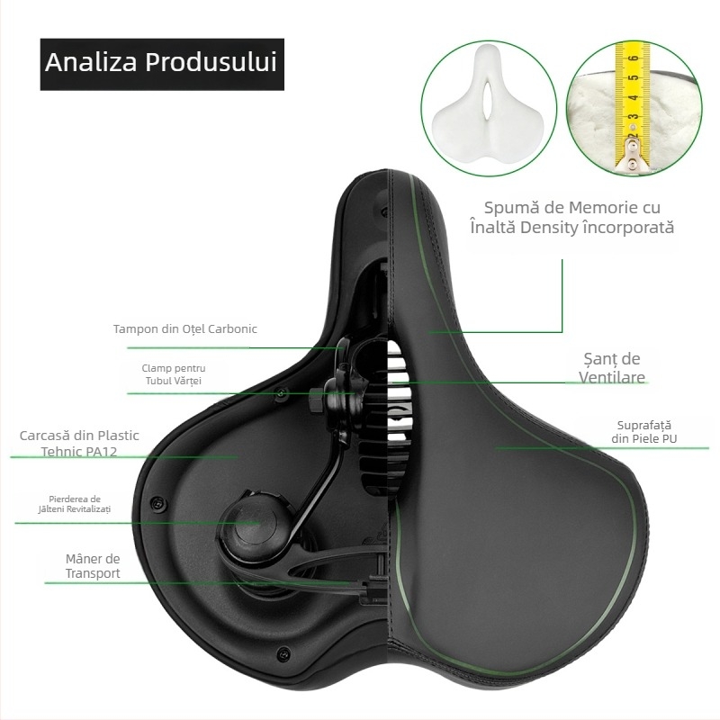 Șa de bicicletă Le Wei, mărită, îngroșată și moale, design universal; materiale: piele PU, spumă cu memorie, bază PA12, arc din oțel de carbon pentru absorbție șocuri; greutate: 790 g fără clip