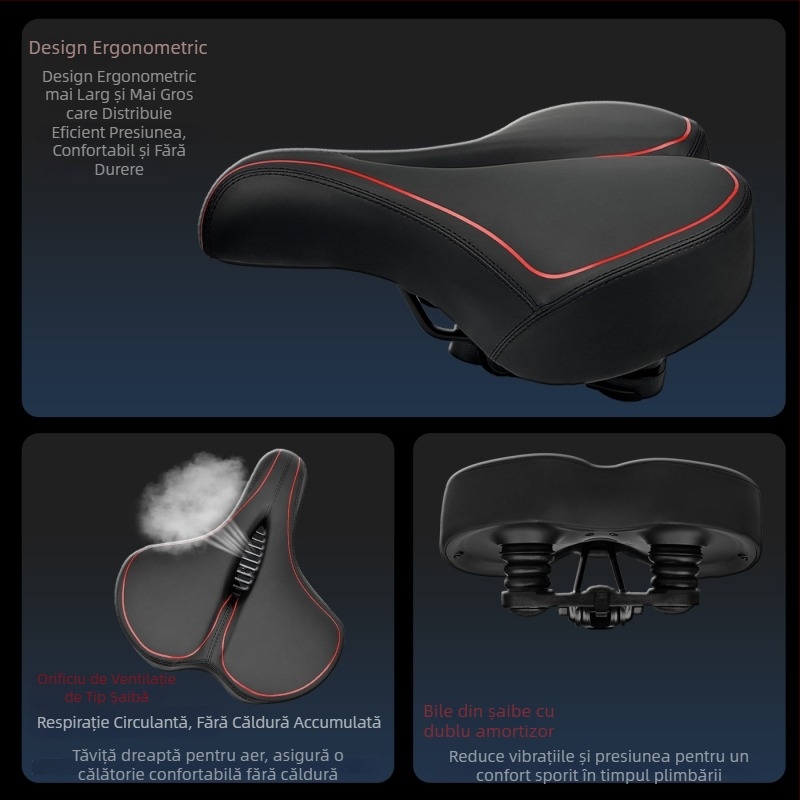 Șa de bicicletă Le Wei, mărită, îngroșată și moale, design universal; materiale: piele PU, spumă cu memorie, bază PA12, arc din oțel de carbon pentru absorbție șocuri; greutate: 790 g fără clip