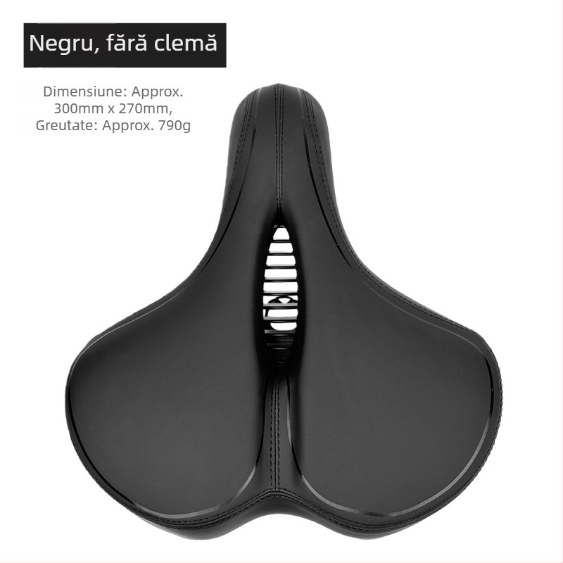 Șa de bicicletă Le Wei, mărită, îngroșată și moale, design universal; materiale: piele PU, spumă cu memorie, bază PA12, arc din oțel de carbon pentru absorbție șocuri; greutate: 790 g fără clip