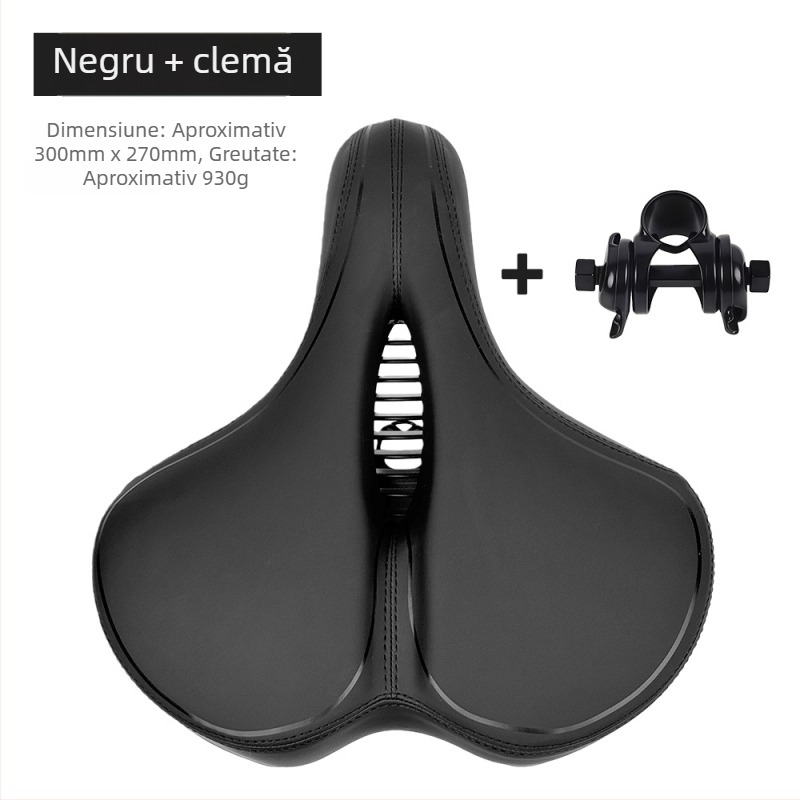 Șa de bicicletă Le Wei, mărită, îngroșată și moale, design universal; materiale: piele PU, spumă cu memorie, bază PA12, arc din oțel de carbon pentru absorbție șocuri; greutate: 790 g fără clip
