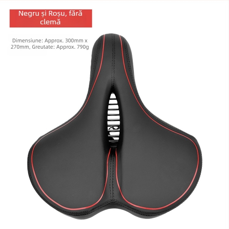 Șa de bicicletă Le Wei, mărită, îngroșată și moale, design universal; materiale: piele PU, spumă cu memorie, bază PA12, arc din oțel de carbon pentru absorbție șocuri; greutate: 790 g fără clip