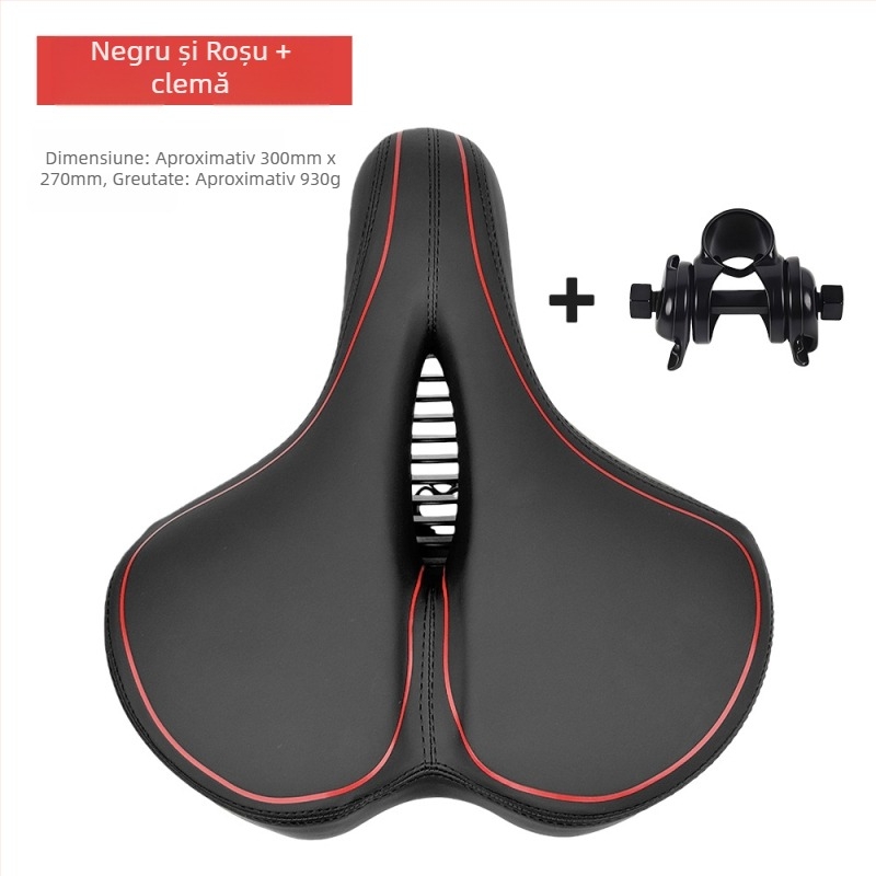 Șa de bicicletă Le Wei, mărită, îngroșată și moale, design universal; materiale: piele PU, spumă cu memorie, bază PA12, arc din oțel de carbon pentru absorbție șocuri; greutate: 790 g fără clip