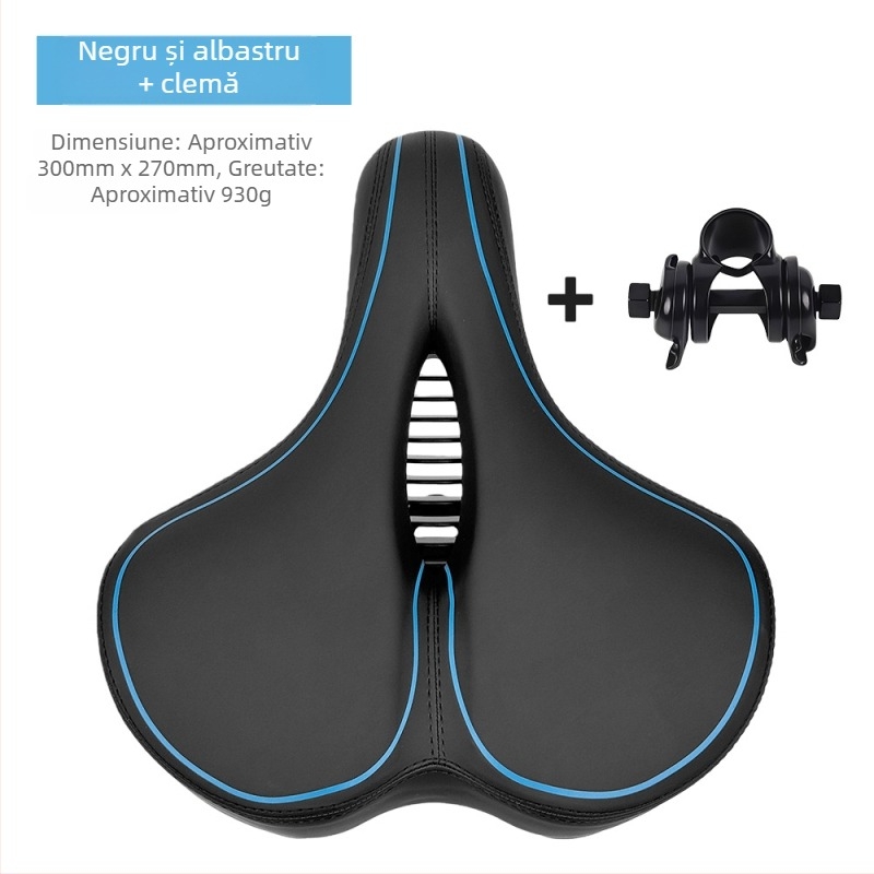 Șa de bicicletă Le Wei, mărită, îngroșată și moale, design universal; materiale: piele PU, spumă cu memorie, bază PA12, arc din oțel de carbon pentru absorbție șocuri; greutate: 790 g fără clip