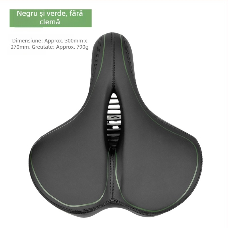 Șa de bicicletă Le Wei, mărită, îngroșată și moale, design universal; materiale: piele PU, spumă cu memorie, bază PA12, arc din oțel de carbon pentru absorbție șocuri; greutate: 790 g fără clip