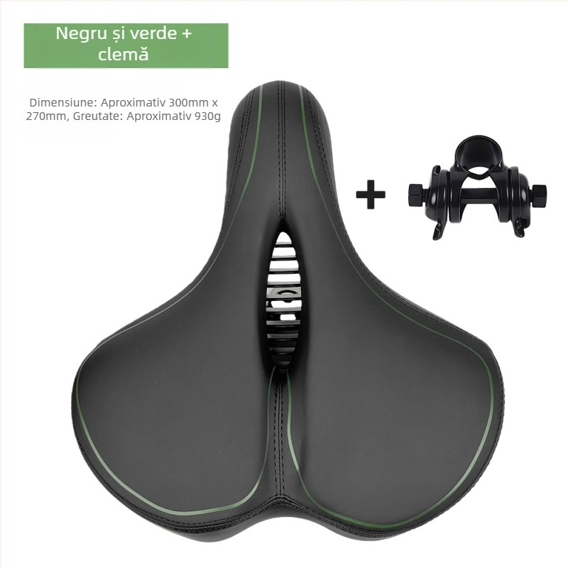 Șa de bicicletă Le Wei, mărită, îngroșată și moale, design universal; materiale: piele PU, spumă cu memorie, bază PA12, arc din oțel de carbon pentru absorbție șocuri; greutate: 790 g fără clip