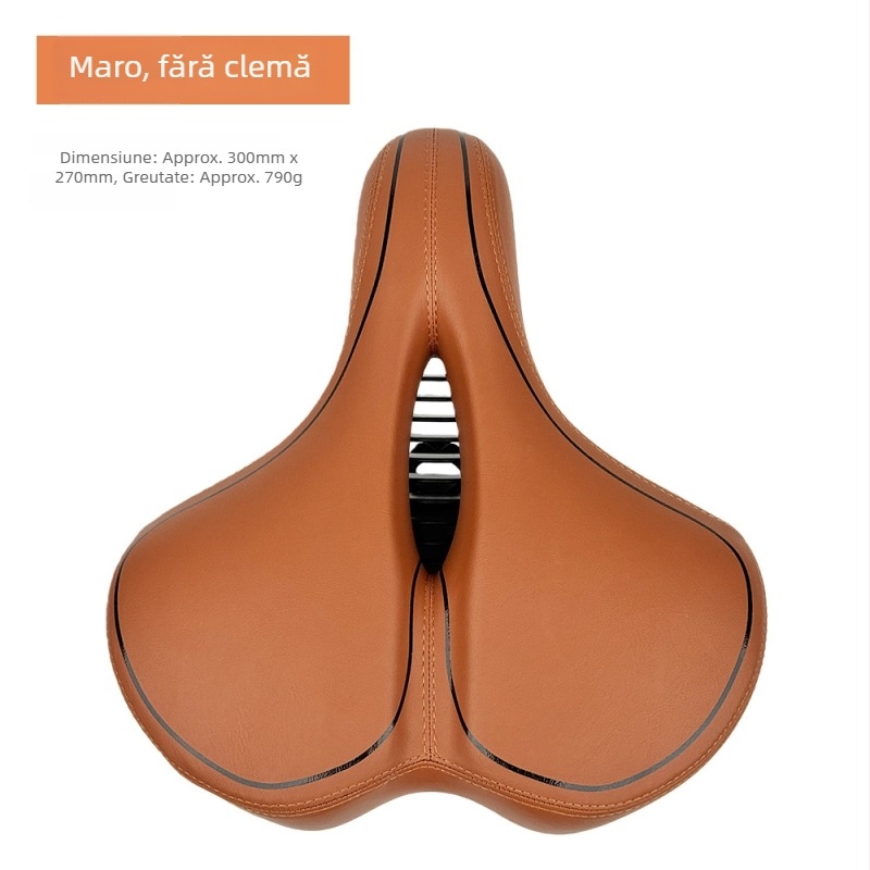 Șa de bicicletă Le Wei, mărită, îngroșată și moale, design universal; materiale: piele PU, spumă cu memorie, bază PA12, arc din oțel de carbon pentru absorbție șocuri; greutate: 790 g fără clip
