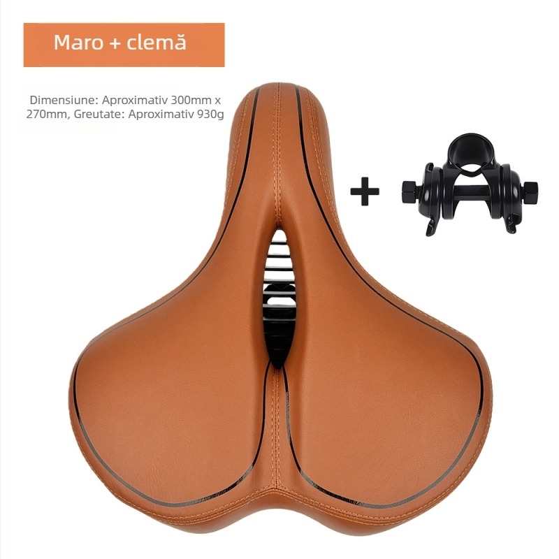 Șa de bicicletă Le Wei, mărită, îngroșată și moale, design universal; materiale: piele PU, spumă cu memorie, bază PA12, arc din oțel de carbon pentru absorbție șocuri; greutate: 790 g fără clip